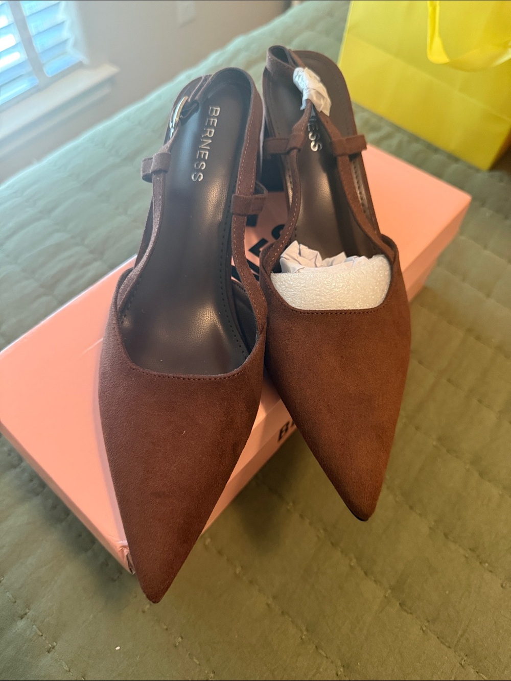 BERNESS Burgundy or Coffee Suede Pointed Slingback Heels